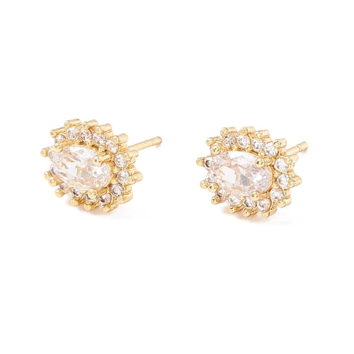 18K Gold Stud Earrings with Clear Oval Cubic Zirconia